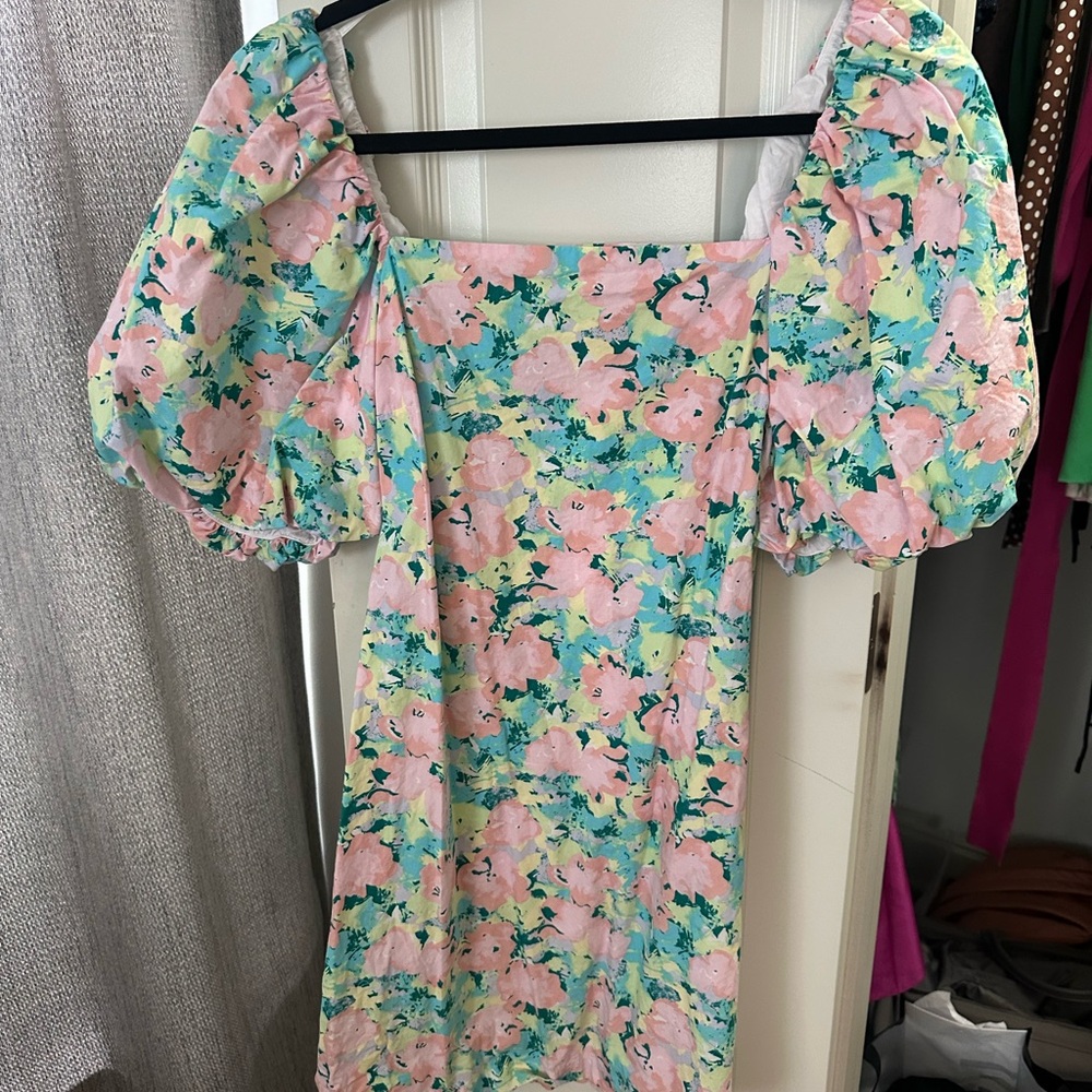 Gianni Bini Pink and Green Ruffled Wrap Mini Dress